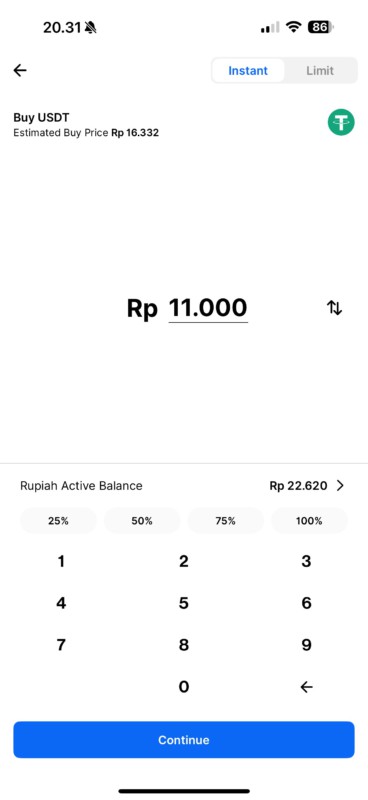 Masukkan nominal beli USDT